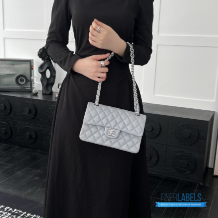 CHANEL Classic Medium Double Flap Bag (Grey Quilted Caviar Grained Calfskin & Silver-Tone Hardware)