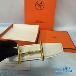 QC Hermès White Leather Reversible Belt in a gold-toned Idem buckle