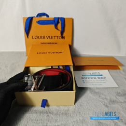 QC Louis Vuitton Reversible Belt featuring a textured black strap and red lining