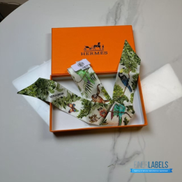 QC Hermes Silk Equateur Twilly Creme Vert Multicolore