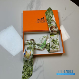QC Hermes Silk Equateur Twilly Creme Vert Multicolore