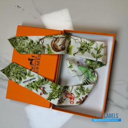 QC Hermes Silk Equateur Twilly Creme Vert Multicolore