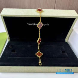 QC VCA Vintage Alhambra 5-motif bracelet featuring red carnelian clover motifs