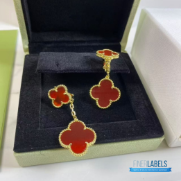 QC VCA Magic Alhambra Earring Featuring Two Vibrant Red Carnelian Clover Motifs