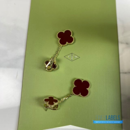 QC VCA Magic Alhambra Earring Featuring Two Vibrant Red Carnelian Clover Motifs