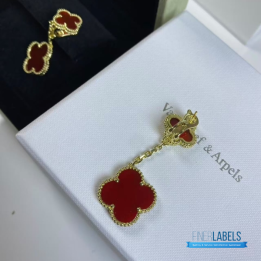 QC VCA Magic Alhambra Earring Featuring Two Vibrant Red Carnelian Clover Motifs