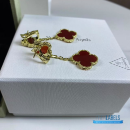 QC VCA Magic Alhambra Earring Featuring Two Vibrant Red Carnelian Clover Motifs