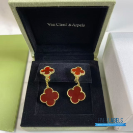 QC VCA Magic Alhambra Earring Featuring Two Vibrant Red Carnelian Clover Motifs