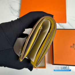 QC Hermès Bearn Compact wallet crafted in a glossy yellow (such as Jaune Ambre or Mimosa) alligator leather
